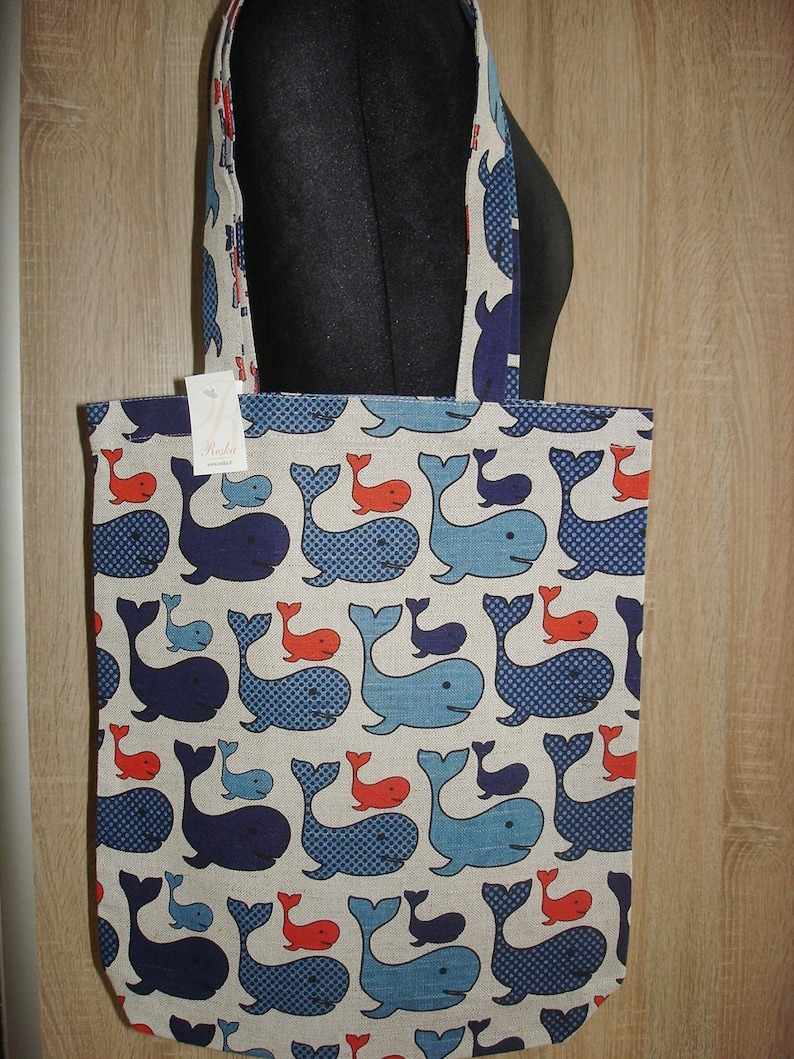 long straps shopping bag Handmade Linen bag With Whales Canvas Tote Bag Blue Whales Pattern Tote Bag With Whales Natural Linen Bag