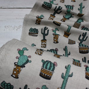 Tessuto di lino cactus, regalo amante dei cactus con succulente, tessuto con cactus verde, tessuto di lino di mezzo metro, tessuto di lino stampa cactus