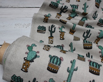 Cactus Linen Fabric, cacti lover gift with succulent, Fabric with green cactus, Linen Fabric by half meter, cactus print linen fabric