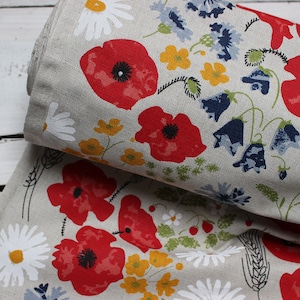 Fabric with Meadow Flowers, Linen fabric with poppy flowers pattern by half meter