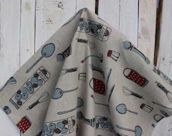 Linen tea towel with utensils print, Kitchen towel Linen Christmas gift idea