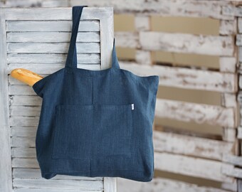 Blue linen Tote Bag, Canvas Big Market Bag, Washed Linen Beach Bag, soft linen Shopping Bag with pocket