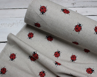 Linen fabric with Ladybugs, Printed Linen fabric by half meter, sewing material with Ladybird for home textiles