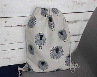 Linen Backpack With Sheep pattern, Canvas Drawstring Backpack, sheep print gym sack backpack