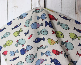 Towel with fishes print, Linen tea towel, Kitchen towel, Dish towel, Linen hand towel with colored fish, Housewarming gift for fisherman