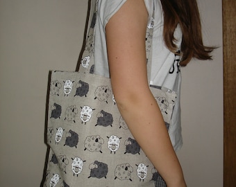 Linen Bag With Sheep, Sheep pattern Canvas Tote Bag, Natural Linen sheep Print shopping bag, summer style market bag with Sheep