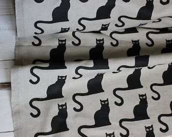 Black Cat Print Linen Fabric: Home Textile Material