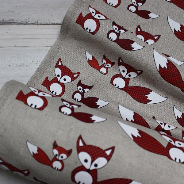 Fabric with Foxes, Linen canvas by Half Meter for Eco Friendly home Textile, foxes fabric for shopping bag or aprons, fabric for fox lovers