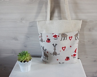 Linen Canvas Bag with pockets on the front, Natural Linen tote bag, grey linen Christmas gifts bag with elks and gnome