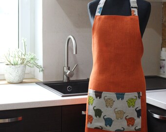 Orange Kitchen pinafore with Colorful Elephants, Kitchen apron with Pocket, Christmas gift for cook or baker