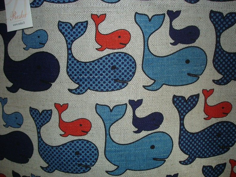 long straps shopping bag Handmade Linen bag With Whales Canvas Tote Bag Blue Whales Pattern Tote Bag With Whales Natural Linen Bag