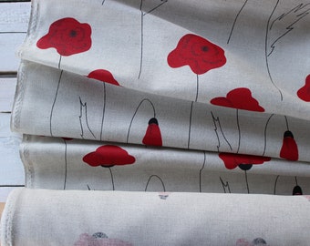 Poppy Flower Linen Fabric, Summer Style Pattern (Half Meter)