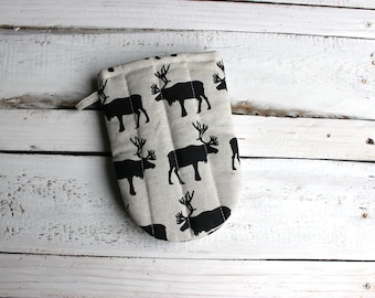 Linen Mini Oven Mitt: Black Elk Print, Kitchen Gift