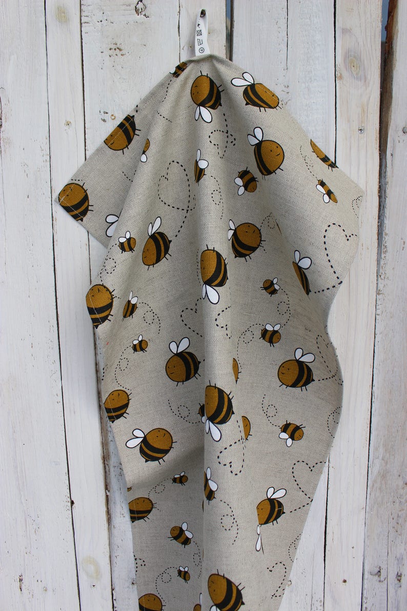 Linen tea towel with bees, Kitchen Linen towel for dishes with a bee image 6