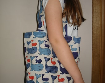 Tote Bag With Whales, Canvas Tote Bag, Natural Linen Bag, Blue Whales Pattern, Handmade Linen  bag With Whales, long straps shopping bag