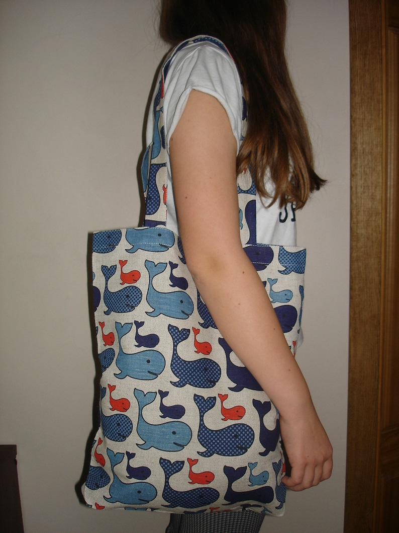 long straps shopping bag Handmade Linen bag With Whales Canvas Tote Bag Blue Whales Pattern Tote Bag With Whales Natural Linen Bag