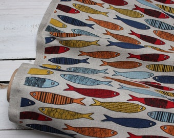 Linen fabric with fish Pattern, canvas with fishes print, Linen Fabric by half meter, canvas for home textiles