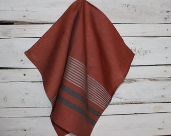 Rustic Red Linen Towel, Kitchen Striped Linen Tea Towel