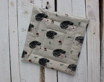 Pot Holder With Hedgehog, Linen Kitchen Pot Holder Gift for the cook or baker, Christmas gift for a Hedgehog lovers