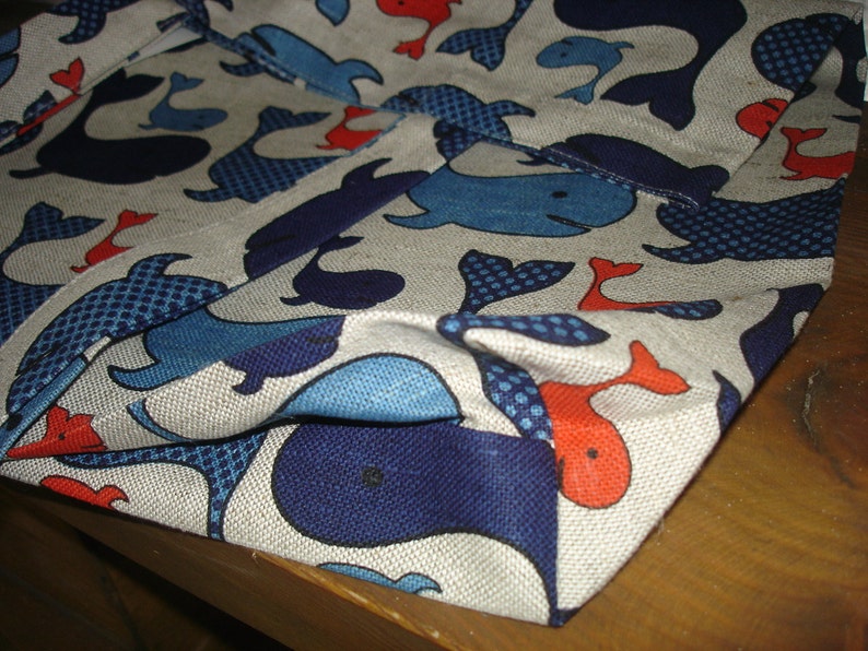 long straps shopping bag Handmade Linen bag With Whales Canvas Tote Bag Blue Whales Pattern Tote Bag With Whales Natural Linen Bag