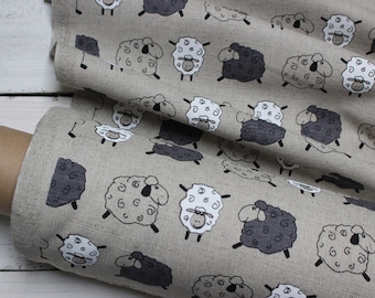 Linen Fabric with Sheep, Printed Linen fabric by half meter or yard