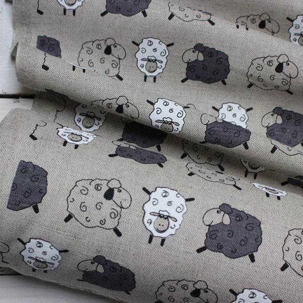 Linen Fabric with Sheep, Printed Linen fabric by half meter or yard