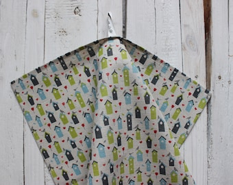Linen Tea Towel: Birdhouse Print Kitchen Hand Towel