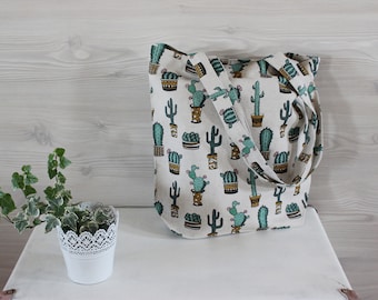 Cactus Linen Tote Bag, Canvas Tote Bag, Natural Linen Bag With Cacti, Printed cactus linen fabrics shopping bag, linen market bag