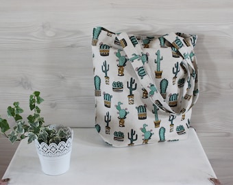 Cactus Print Linen Tote Bag: Natural Lithuanian Fabric Market Bag