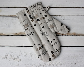 Linen Kitchen Glove, Espresso Coffee Print, Baker Gift