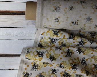 Printed Linen fabric by half meter, Linen Fabric with Bees, sewing material with bees for home textiles