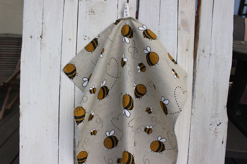 Linen tea towel with bees, Kitchen Linen towel for dishes with a bee image 5