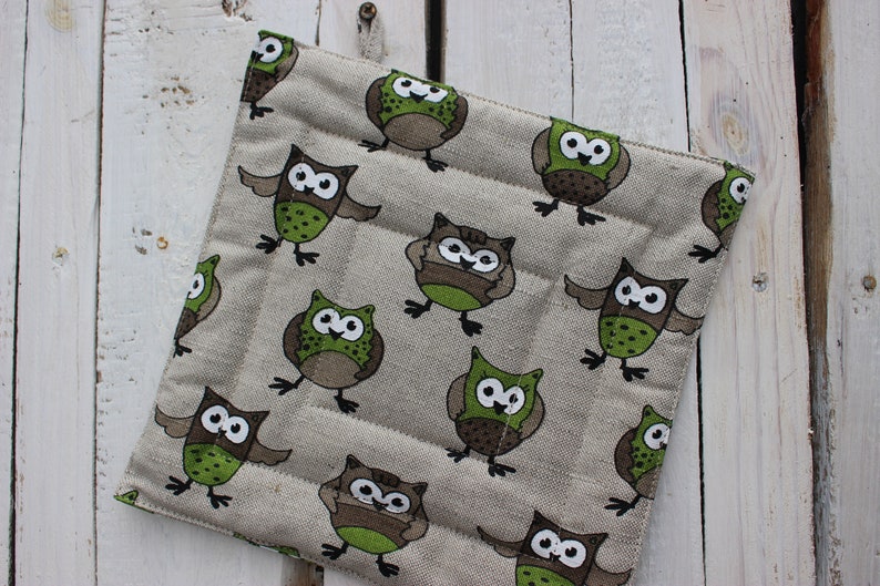 Owl Pot Holder, Linen Pot Holder with green owl, Kitchen Pot Holder, Christmas gift for owl lover, Kitchen accessories image 4