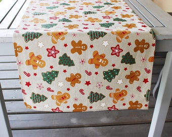 Christmas Linen table cloth, runner with Christmas trees and gingerbread cook