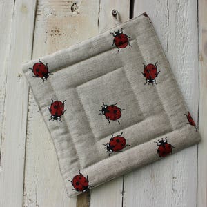 Pot Holder With Ladybugs, Linen Kitchen Pot Holder with ladybird print, Christmas Gift for the cook or baker