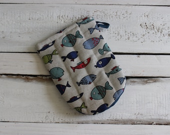 Linen Mini Oven Mitt, Colorful Fish Print, Housewarming Gift