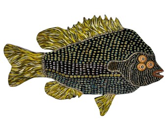 Blk Purple Band Sunfish – Original Hand-Cut Wood Sunfish Painting – Signed & Documented