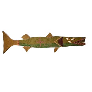 Golden Brown Barracuda Fish – Original Hand-Cut Wood Painting – Signed & Documented