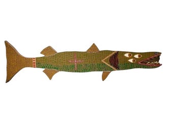Golden Brown Barracuda Fish – Original Hand-Cut Wood Painting – Signed & Documented