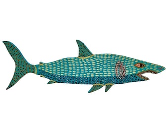 Turquoise Shark – Original Hand-Cut Reclaimed Wood Painting – Signed & Documented