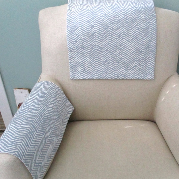 Headrest and Armrest Covers, Gray and White Herringbone Cotton, Recliner/Chair/Sofa Head Rest, Traditional, Farmhouse