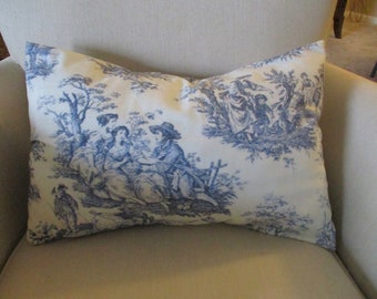 Blue Toile Pillow Cover, Toile de Jouy, Various Sizes, Blue and Ivory Toile, Handmade, Various Sizes