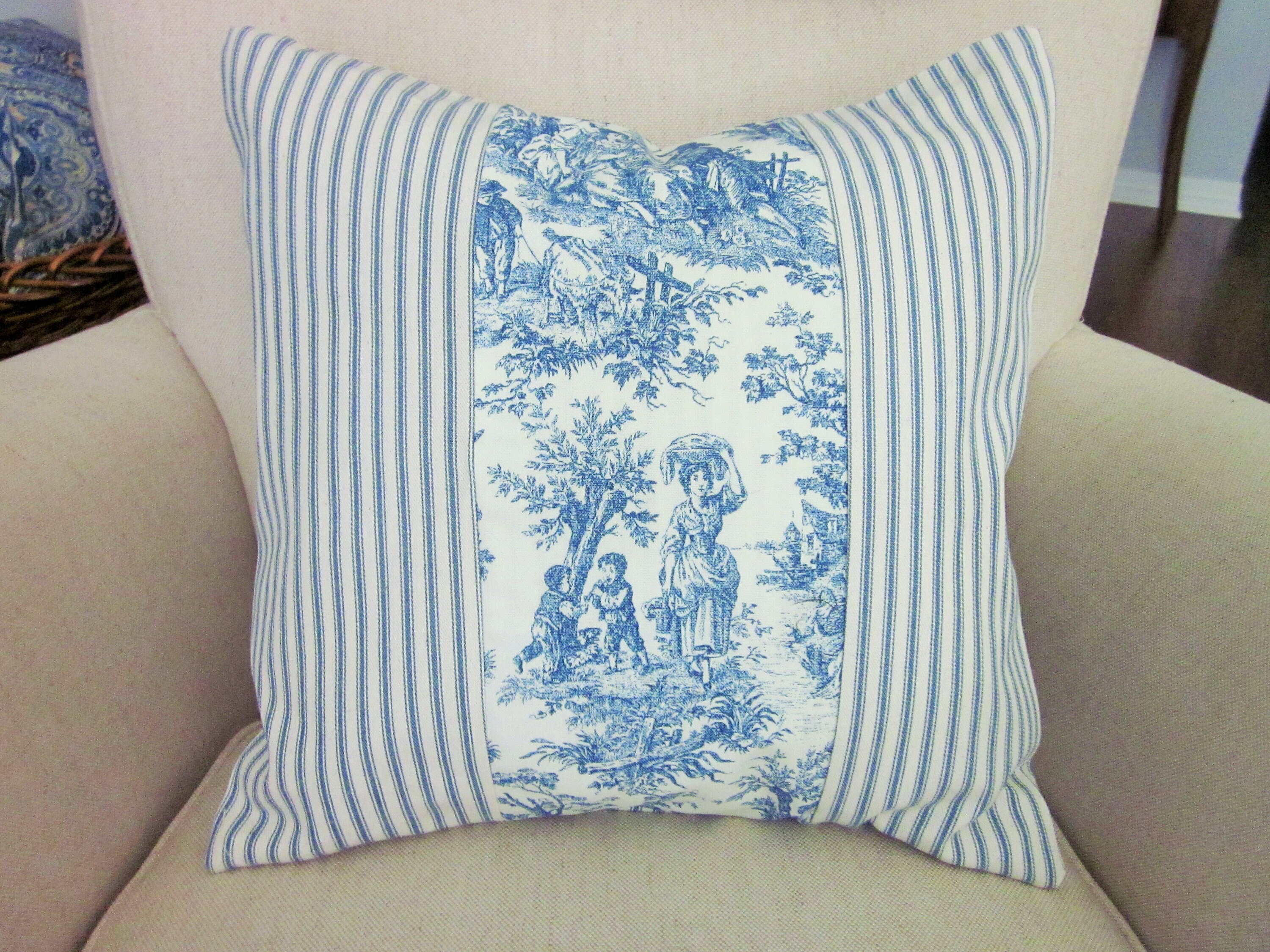 Blue Toile Ticking Pillow Cover Decorative Pillow Color Etsy