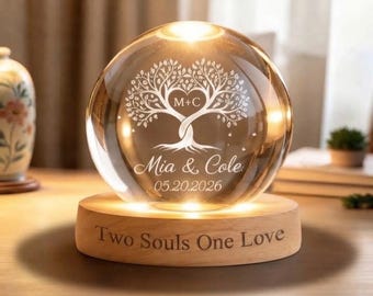 Tree of Love Custom Crystal Ball Night Light, Personalized Wedding Anniversary Keepsake , Engraved LED Lamp for Couples