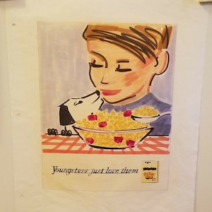 May include: Illustration of a child with closed eyes being kissed by a dog. The dog is kissing the child near a bowl of cereal with red berries. The text "Youngsters just love them" is below the bowl.
