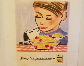 Vintage Original 1960s Advertising Draft Mockup Ink Artwork Cherrios Cereal Child