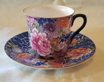 Shelley Cloisonne Chintz Blue Crackle Floral Tea Cup & Saucer