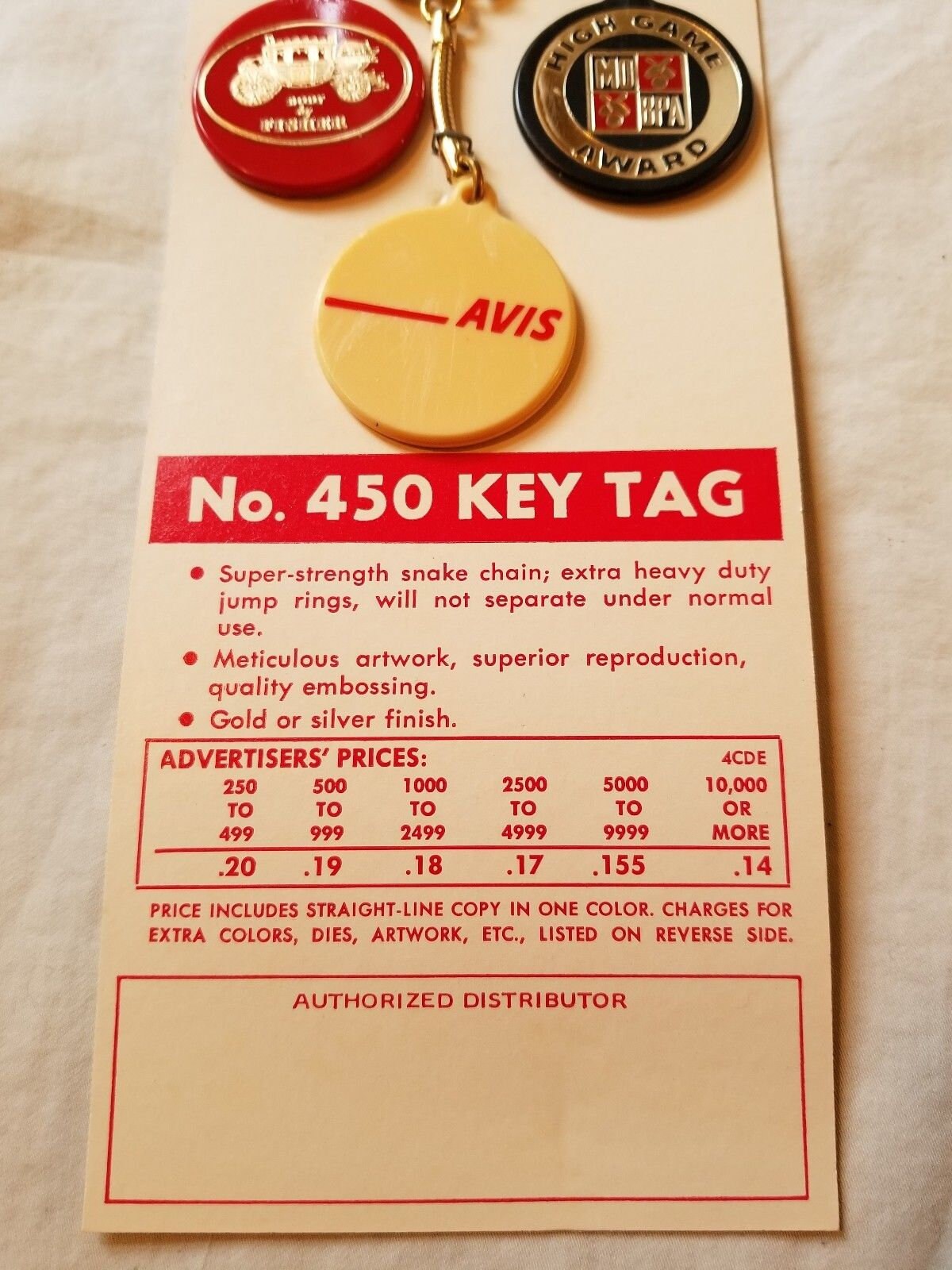 Vintage Salesman Sample Advertising Key Fob on Card Fisher Body Avis ...