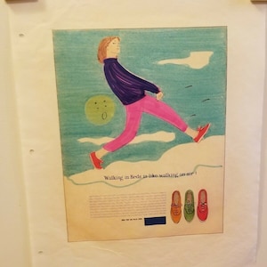 May include: An illustration of a person in pink pants and a purple shirt walking on clouds, wearing red shoes. The text "Walking in Keds is like walking on air!" is displayed. Three pairs of shoes are shown.