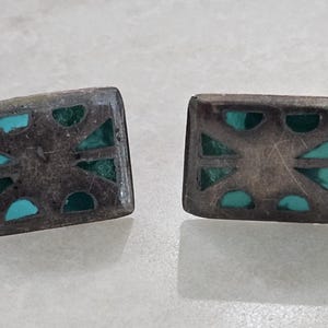 Vintage Zuni Sterling And Turquoise Inlay Rectangular Cufflinks